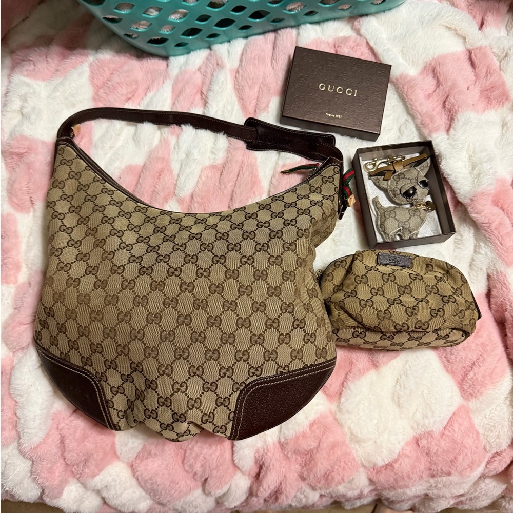 Gucci Tan and Brown Monogram Bag with Pouch